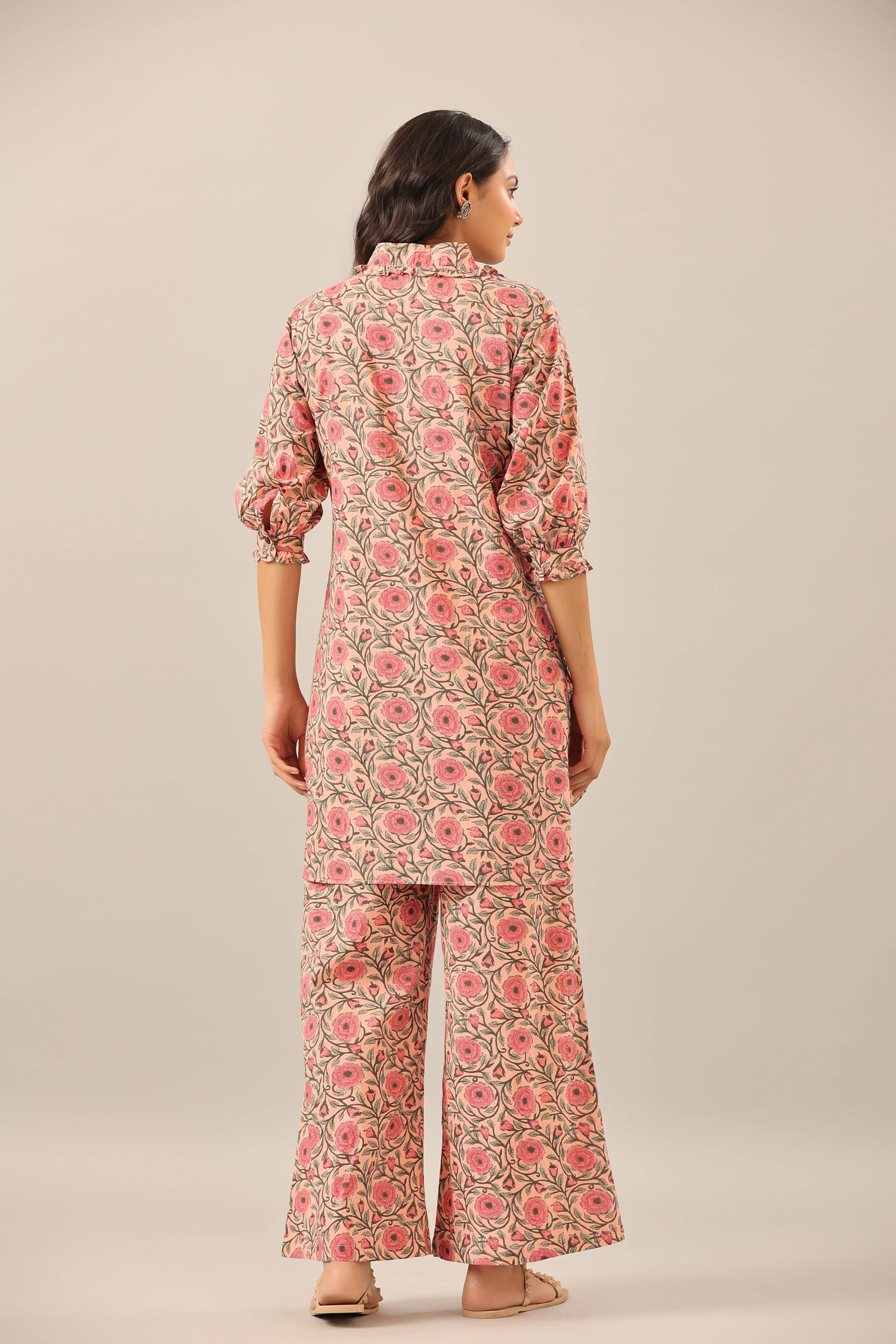 Floral Mosaic on Pink Collared Smoked Sleeves Lounge Co-ord Set