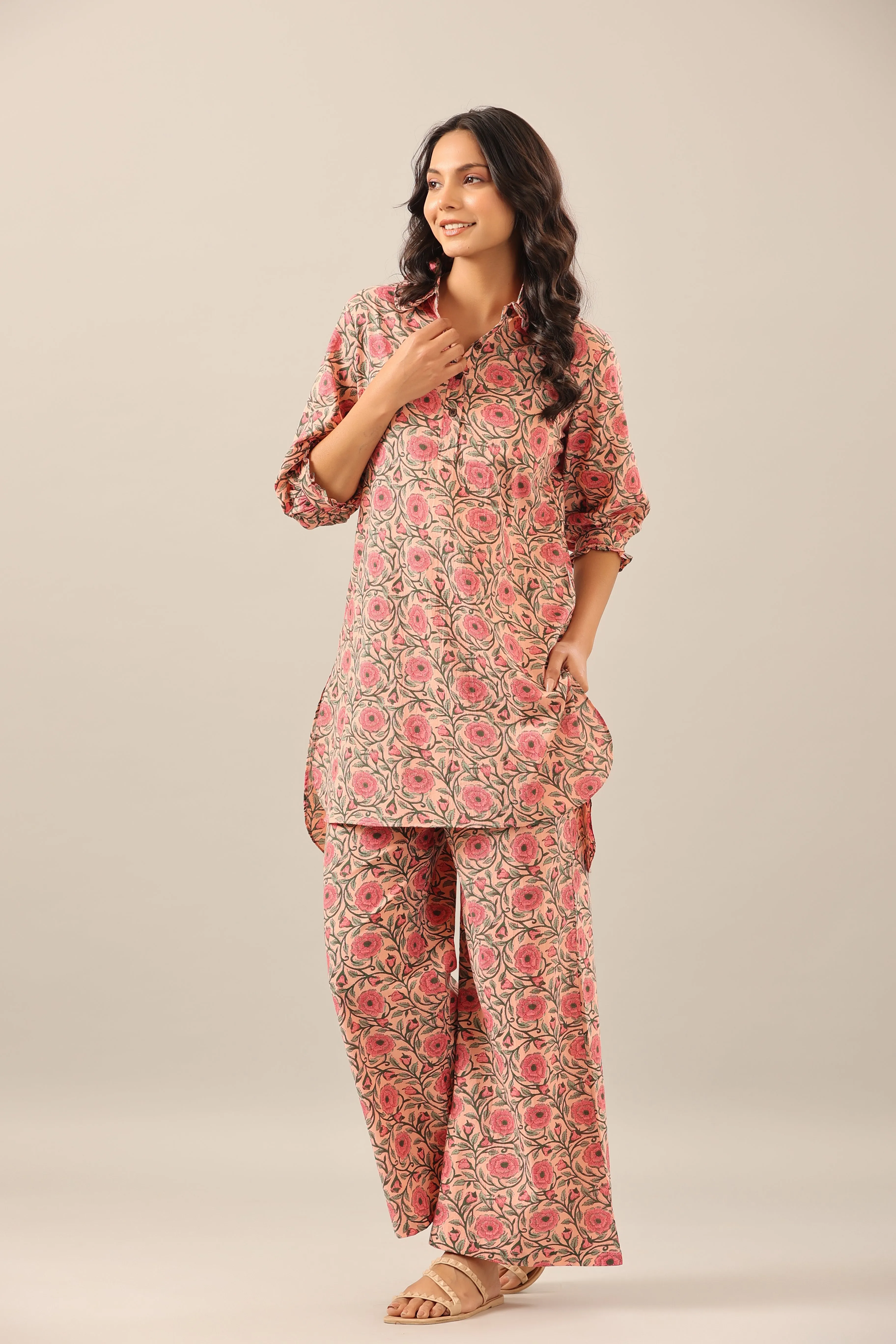 Floral Mosaic on Pink Collared Smoked Sleeves Lounge Co-ord Set