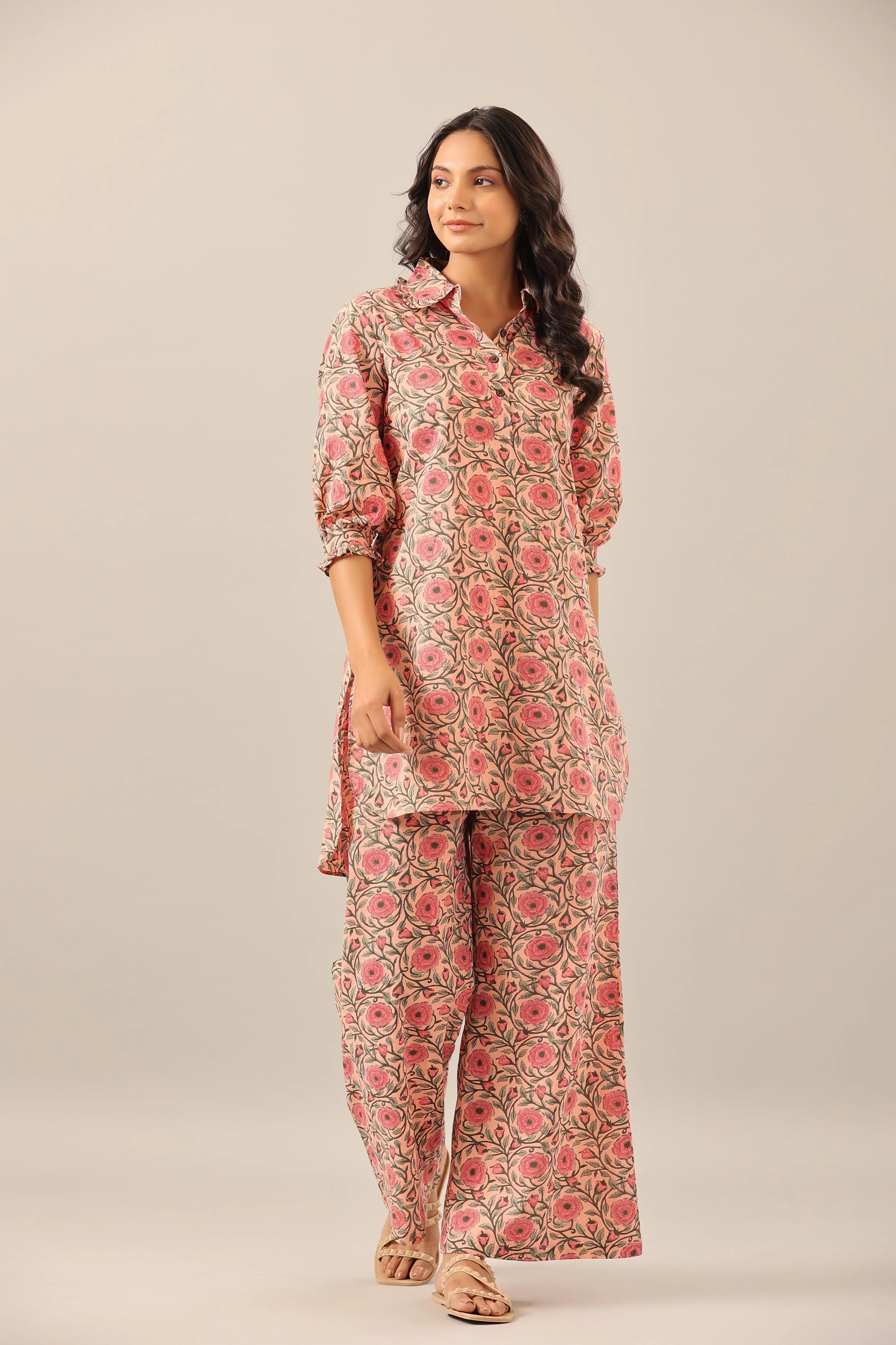 Floral Mosaic on Pink Collared Smoked Sleeves Lounge Co-ord Set