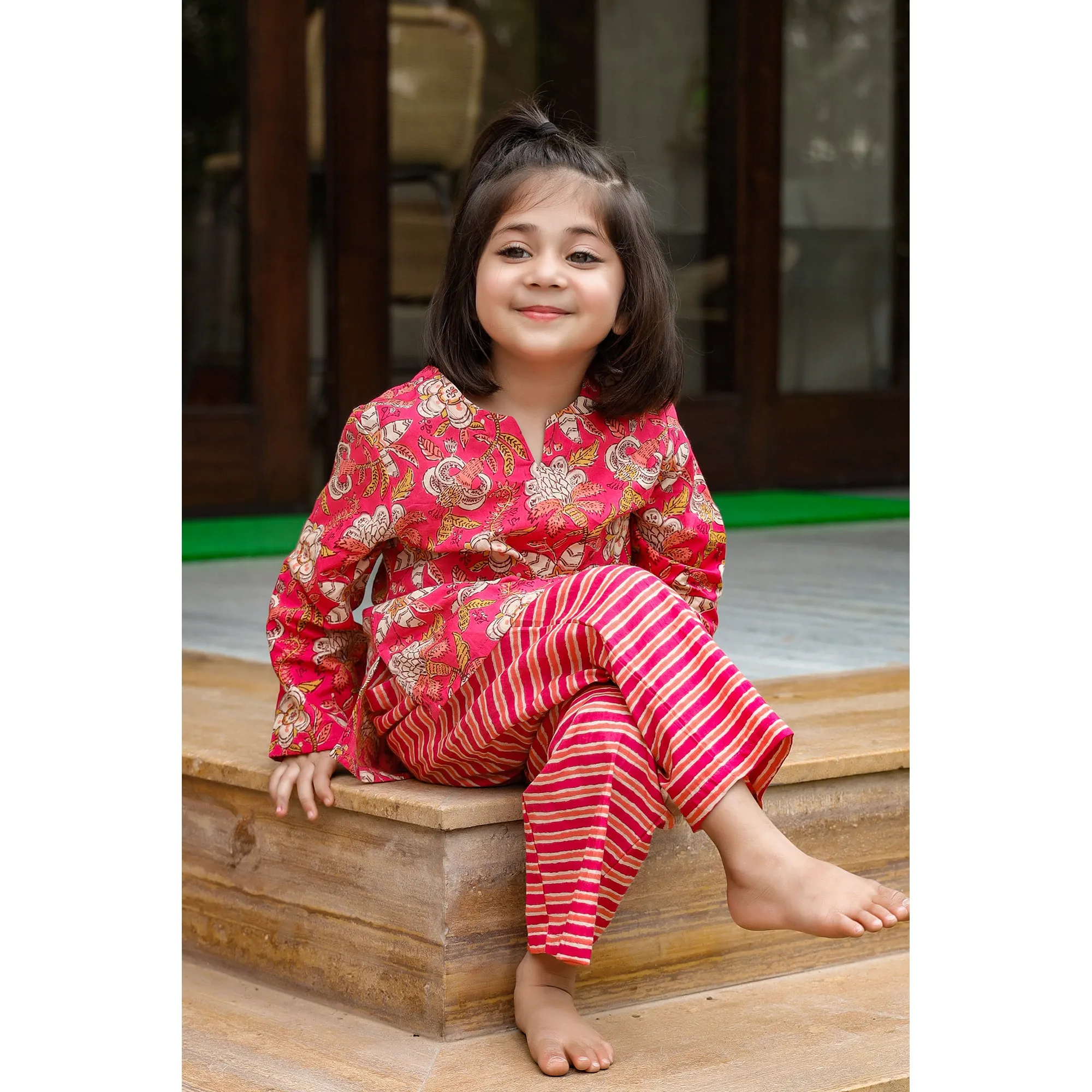 Floral Mosaic with Stripes on Kids Loungewear Set