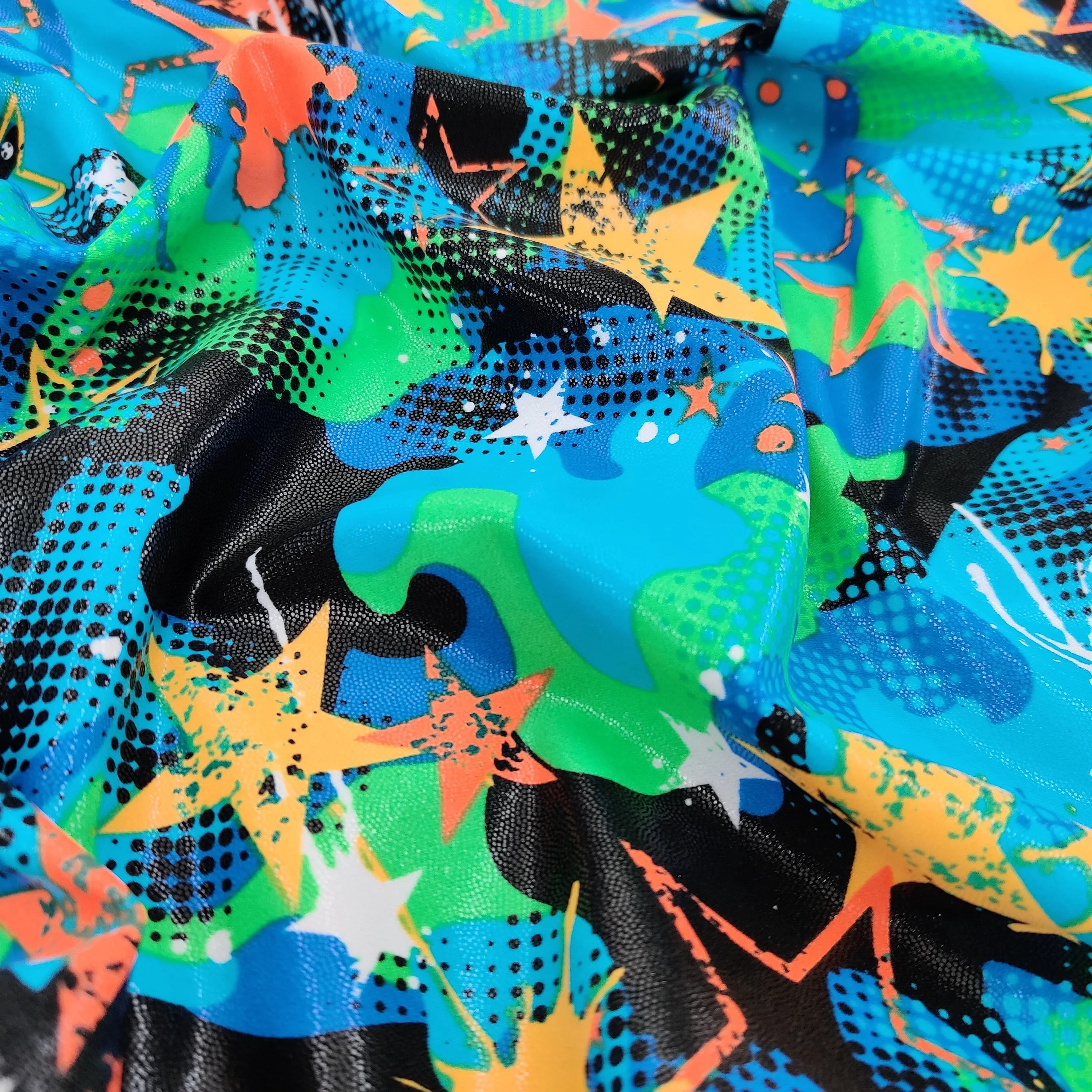 FS607 Blue Pop Stars Poly Spandex Stretch Fabric