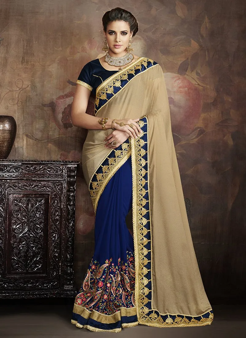 Georgette Formal Wear Embroidered Work Saree  - navy