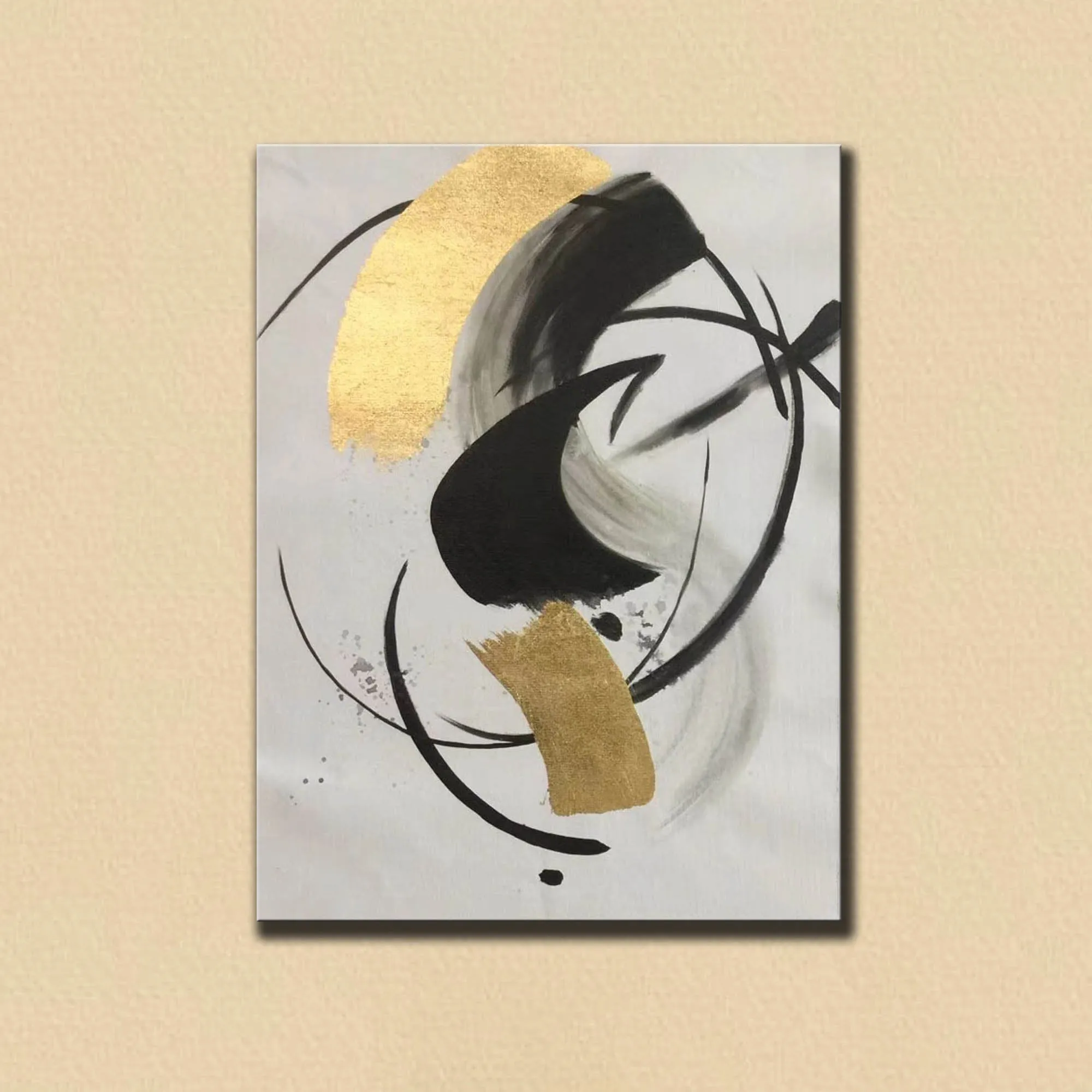 Gold Black White Minimalist Painting on Canvas Oversized Abstract Art Np090