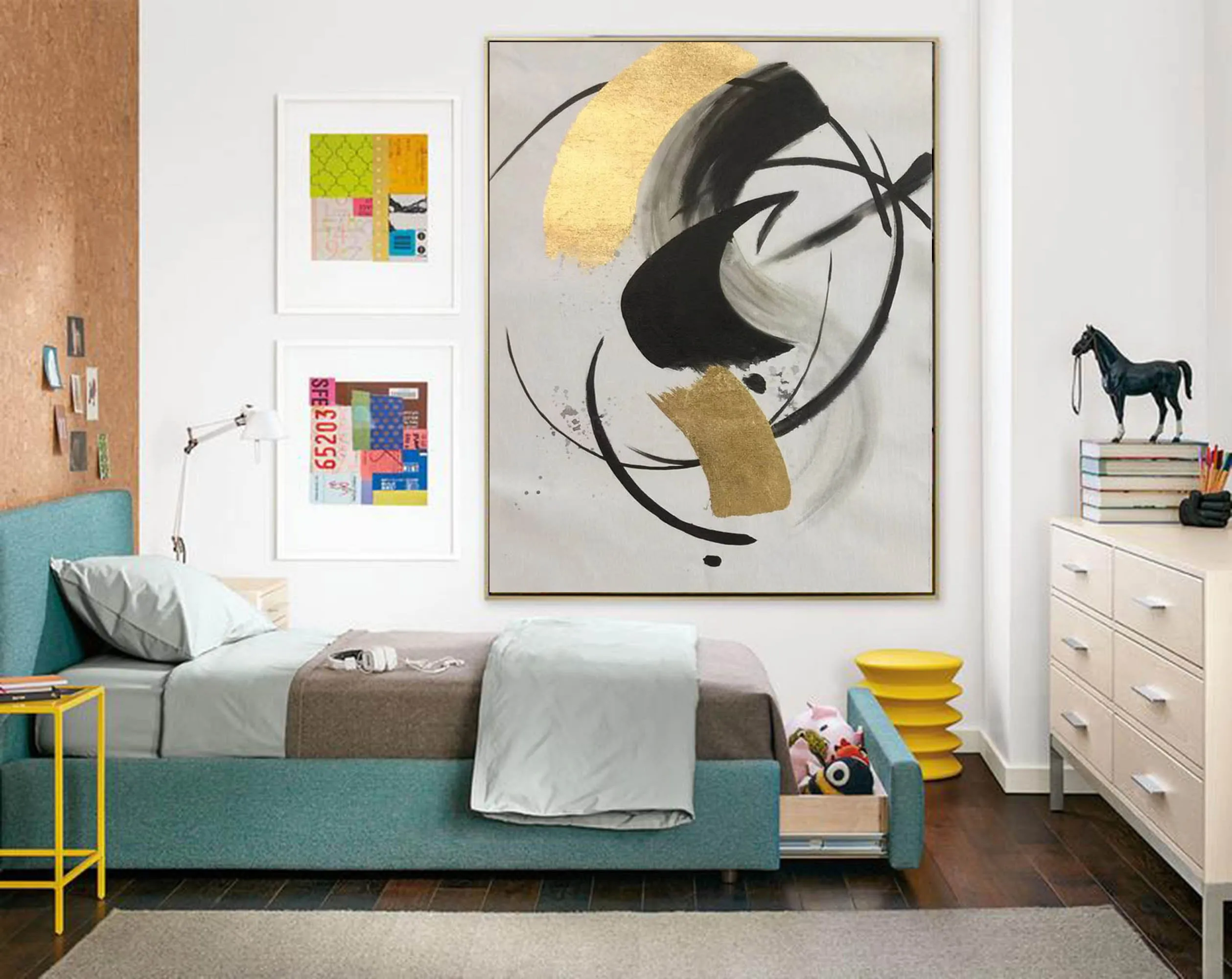 Gold Black White Minimalist Painting on Canvas Oversized Abstract Art Np090