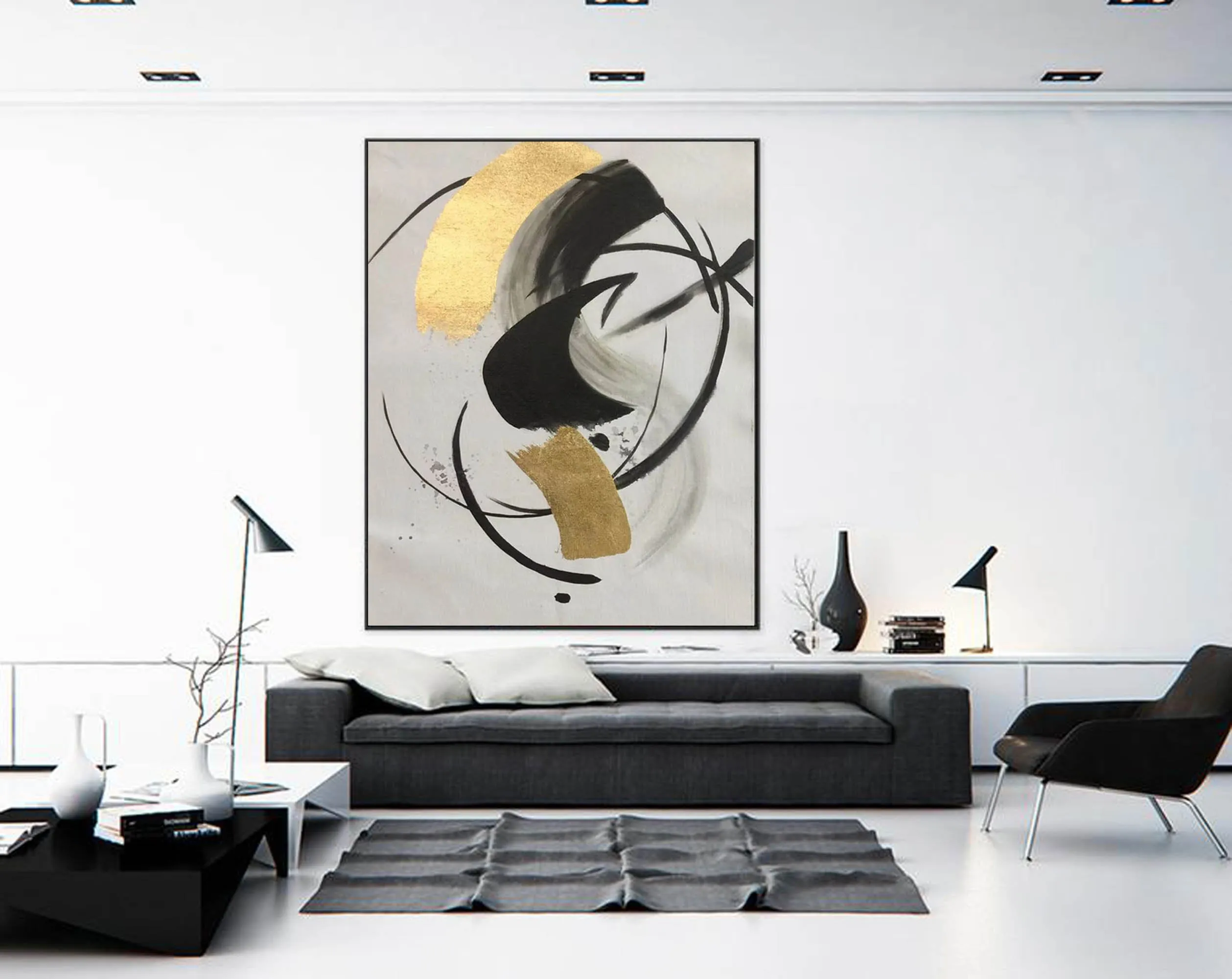 Gold Black White Minimalist Painting on Canvas Oversized Abstract Art Np090