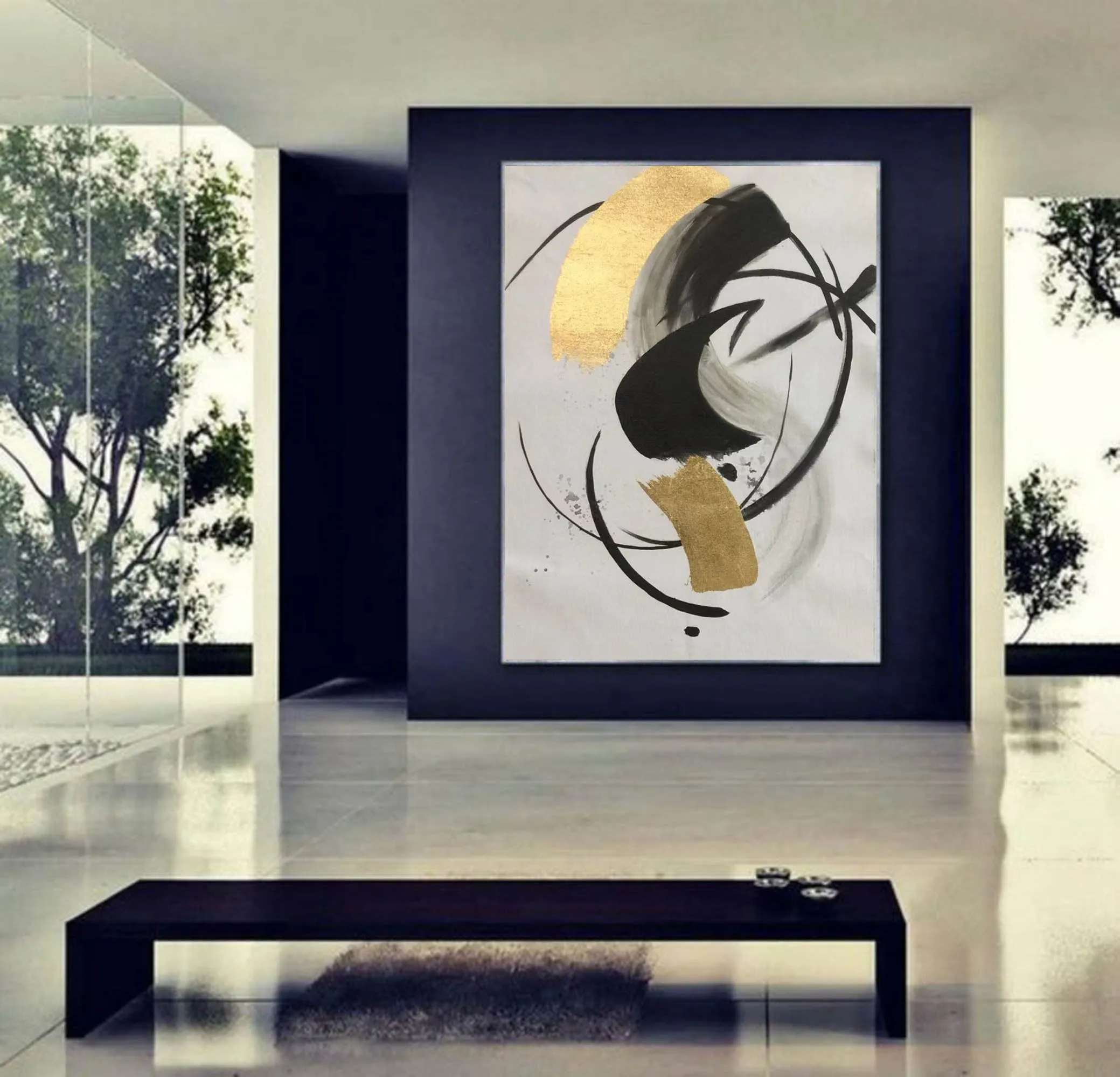 Gold Black White Minimalist Painting on Canvas Oversized Abstract Art Np090