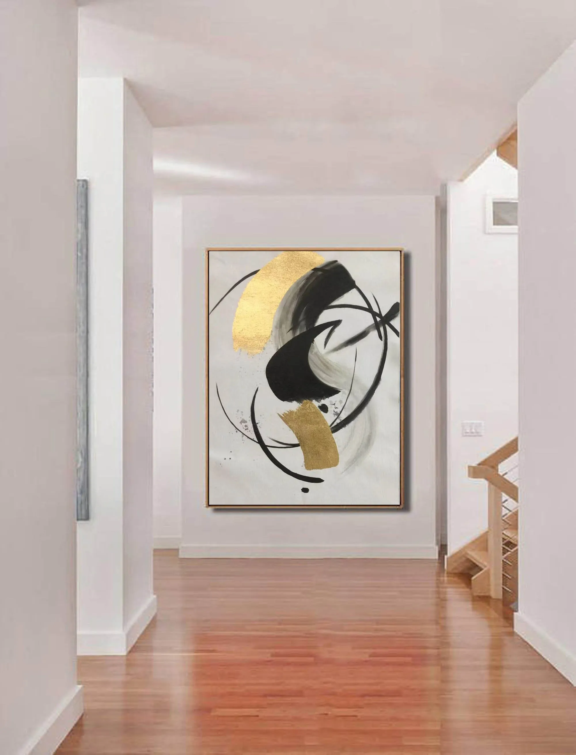 Gold Black White Minimalist Painting on Canvas Oversized Abstract Art Np090