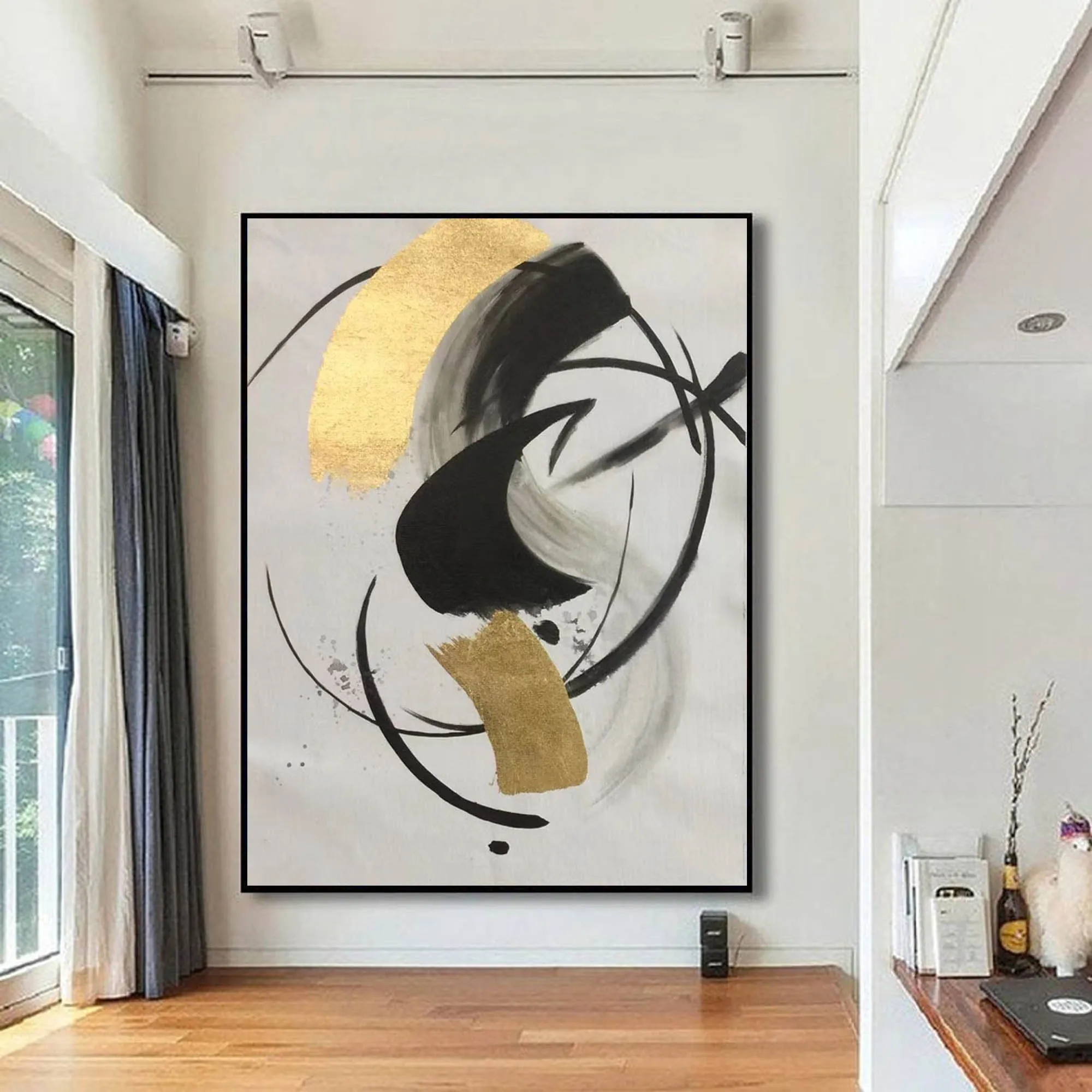 Gold Black White Minimalist Painting on Canvas Oversized Abstract Art Np090