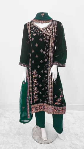 Green Embroidered Velvet 3-Piece Suit