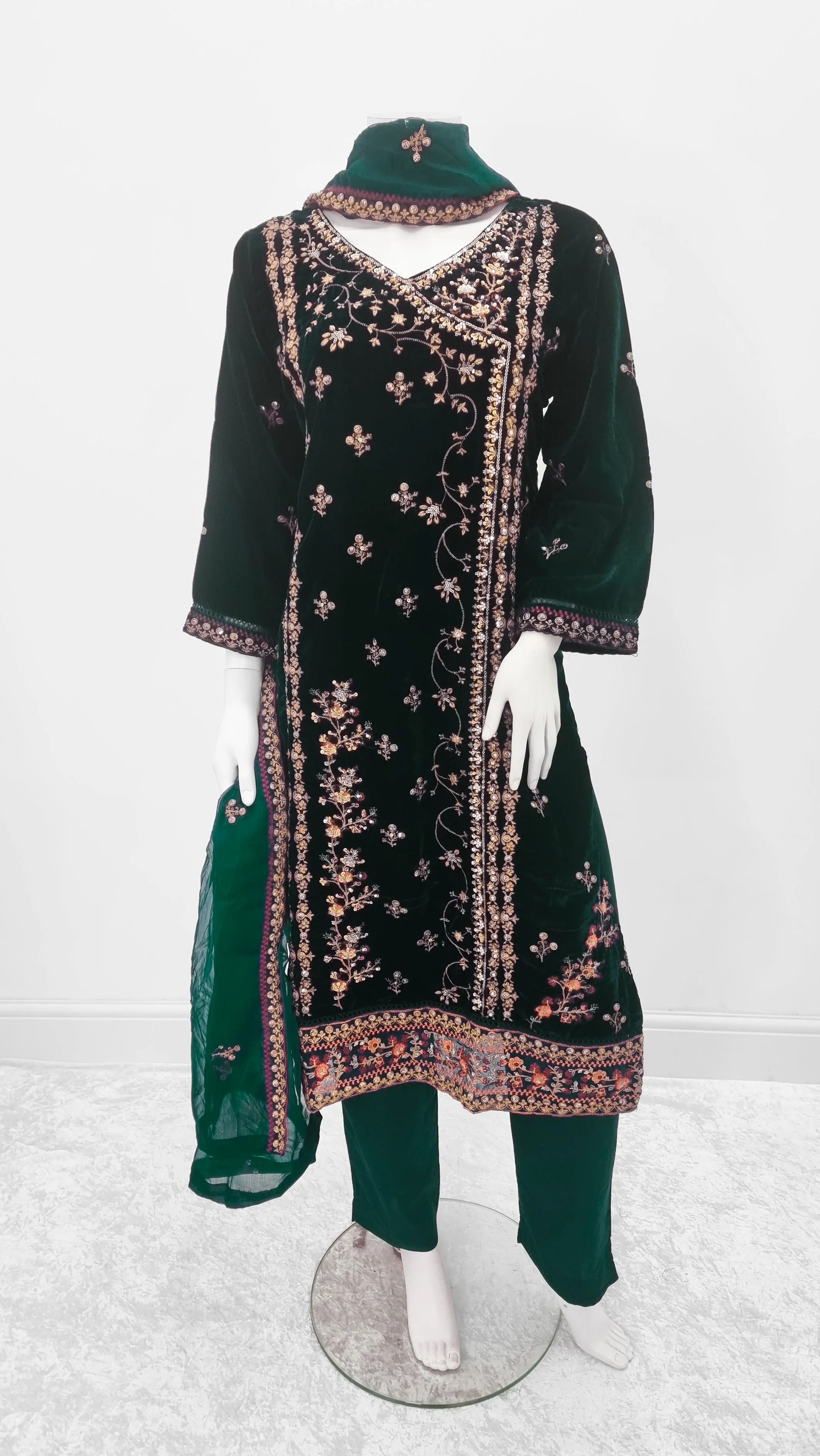 Green Embroidered Velvet 3-Piece Suit