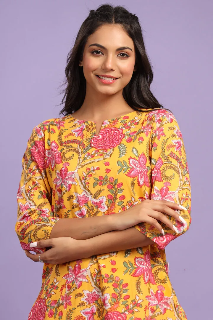 Gulmohar on Cotton Mustard Plazzo Loungewear Set