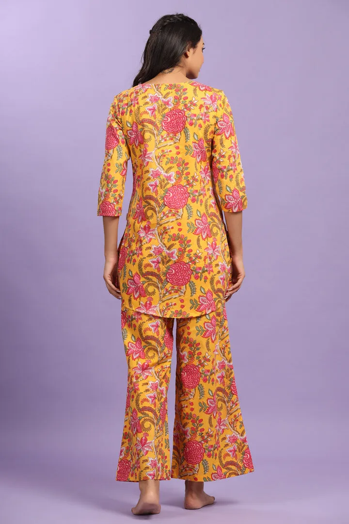 Gulmohar on Cotton Mustard Plazzo Loungewear Set