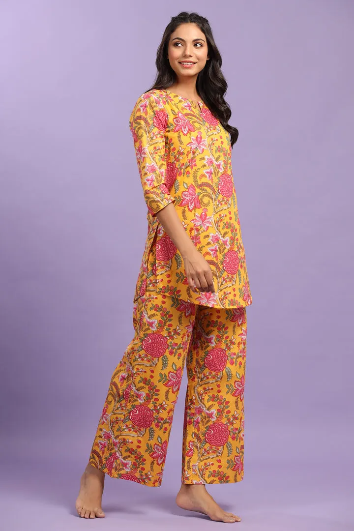 Gulmohar on Cotton Mustard Plazzo Loungewear Set