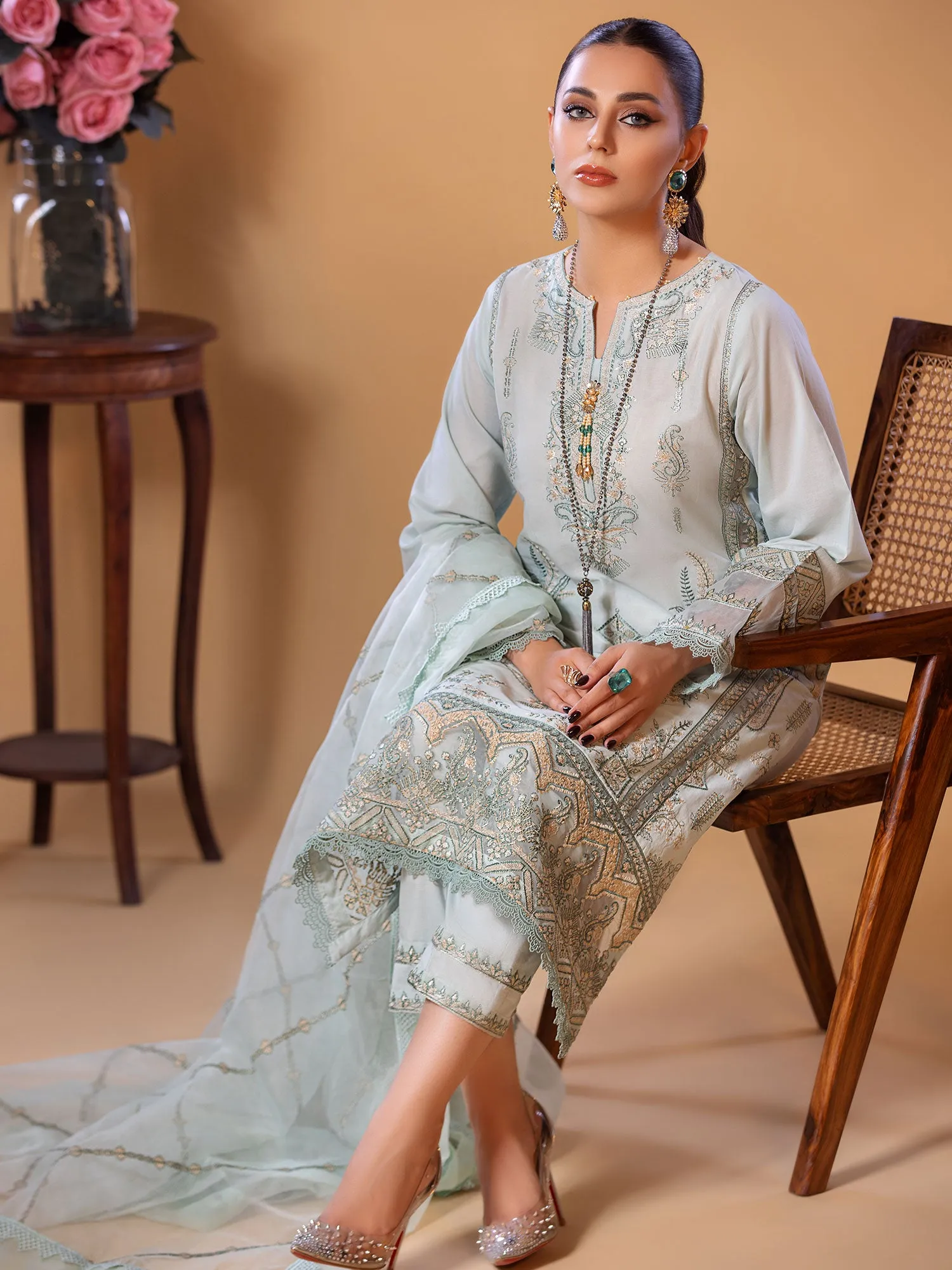 Heera's Light Green Cambric Embroidered 3-Piece Suit