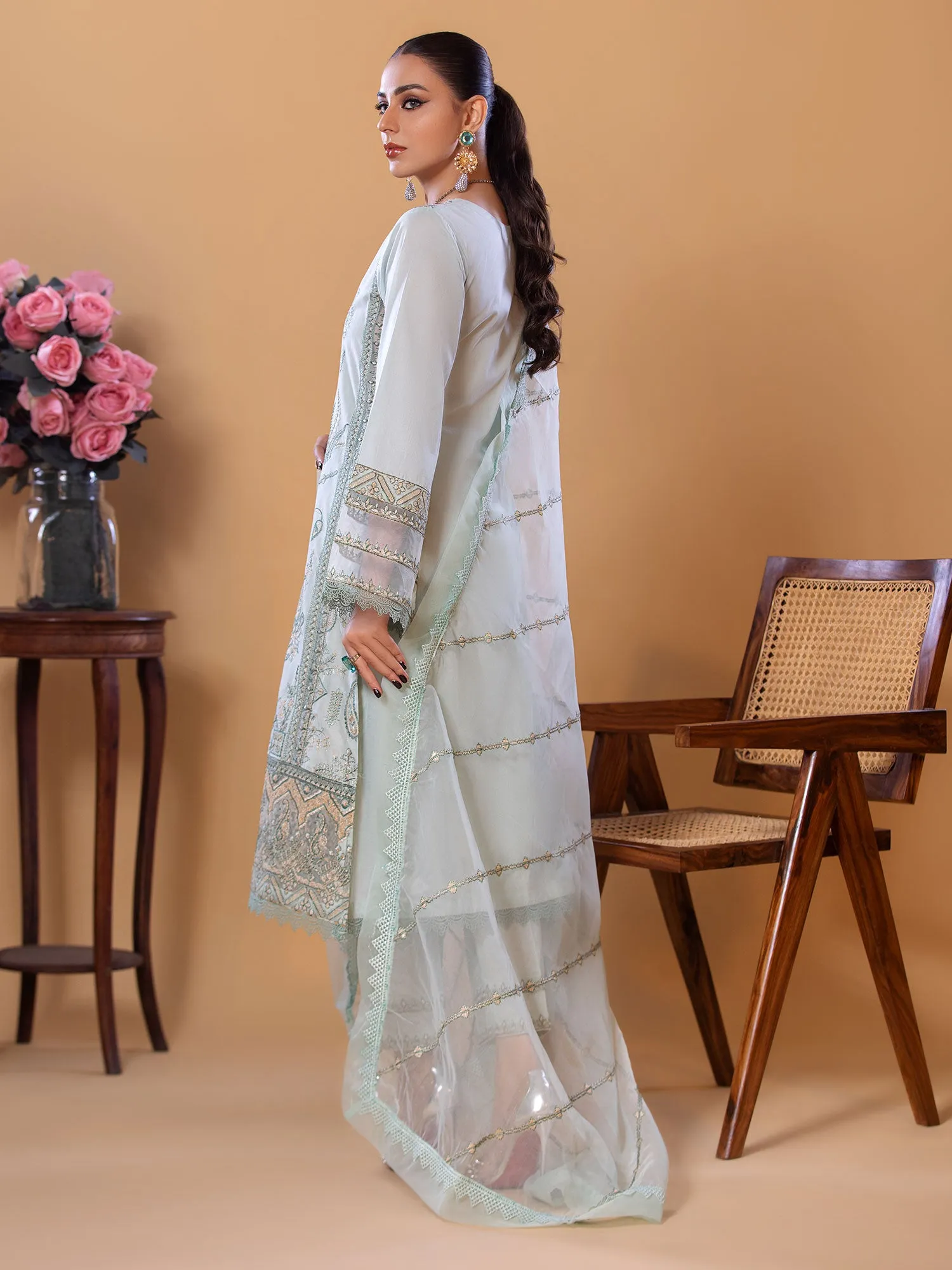 Heera's Light Green Cambric Embroidered 3-Piece Suit