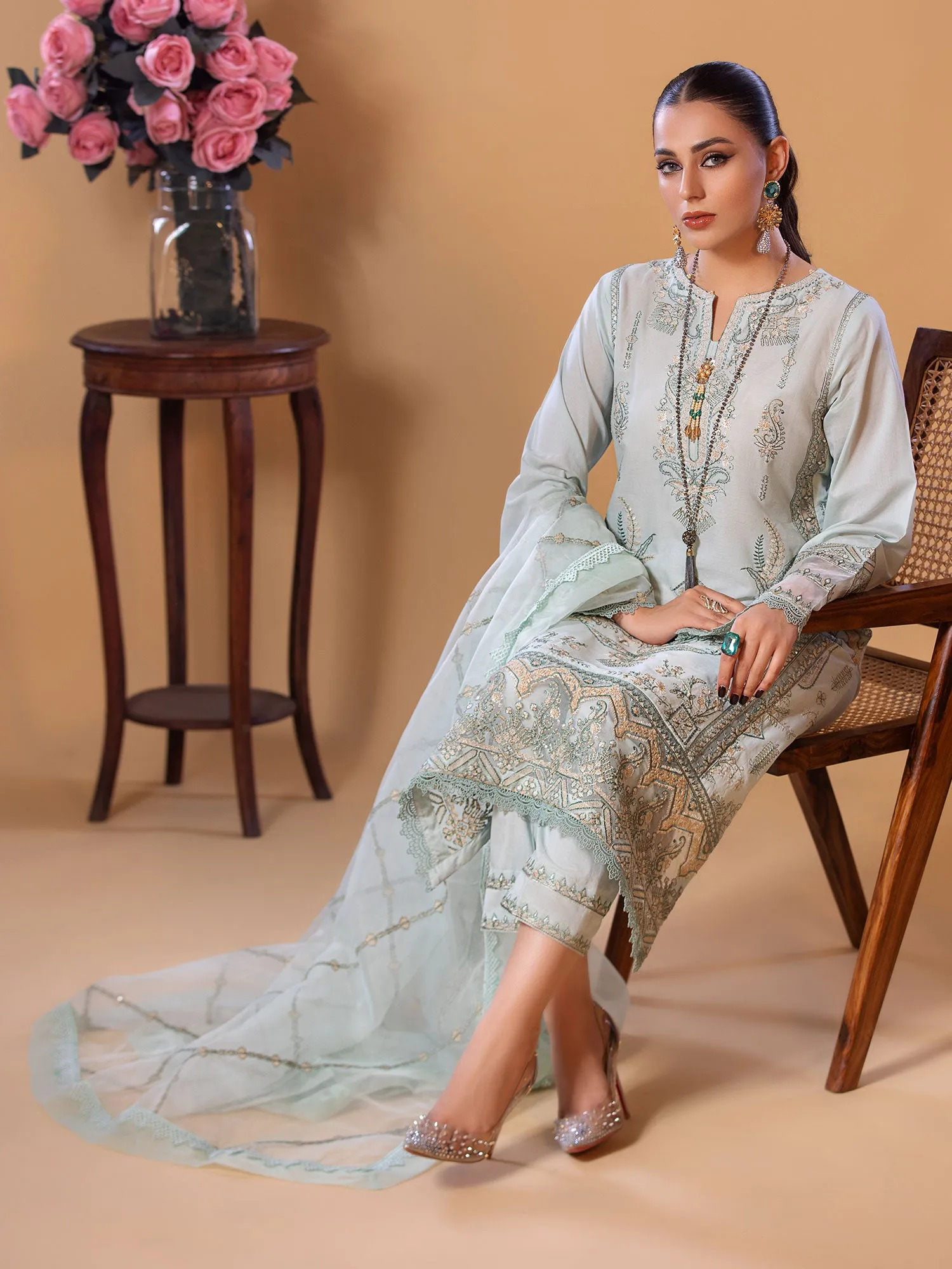 Heera's Light Green Cambric Embroidered 3-Piece Suit