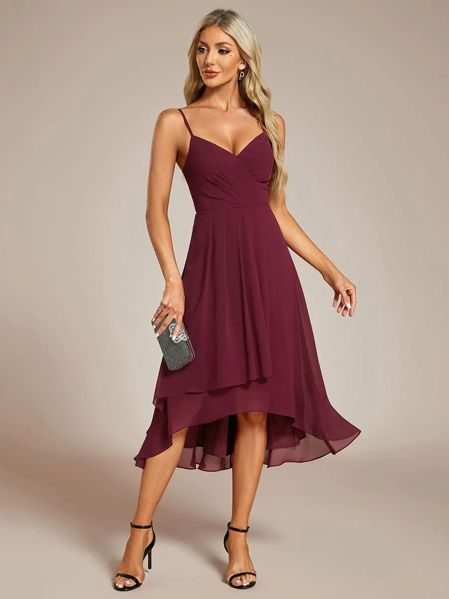 High-Low V-Neck Pleated Spaghetti Strap Wedding Guest Dress in Chiffon