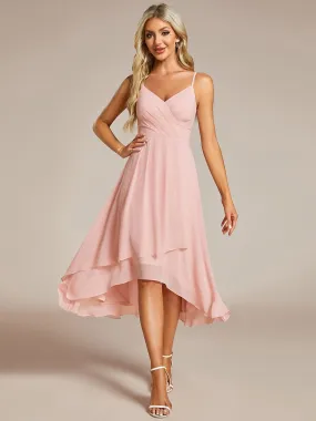 High-Low V-Neck Pleated Spaghetti Strap Wedding Guest Dress in Chiffon