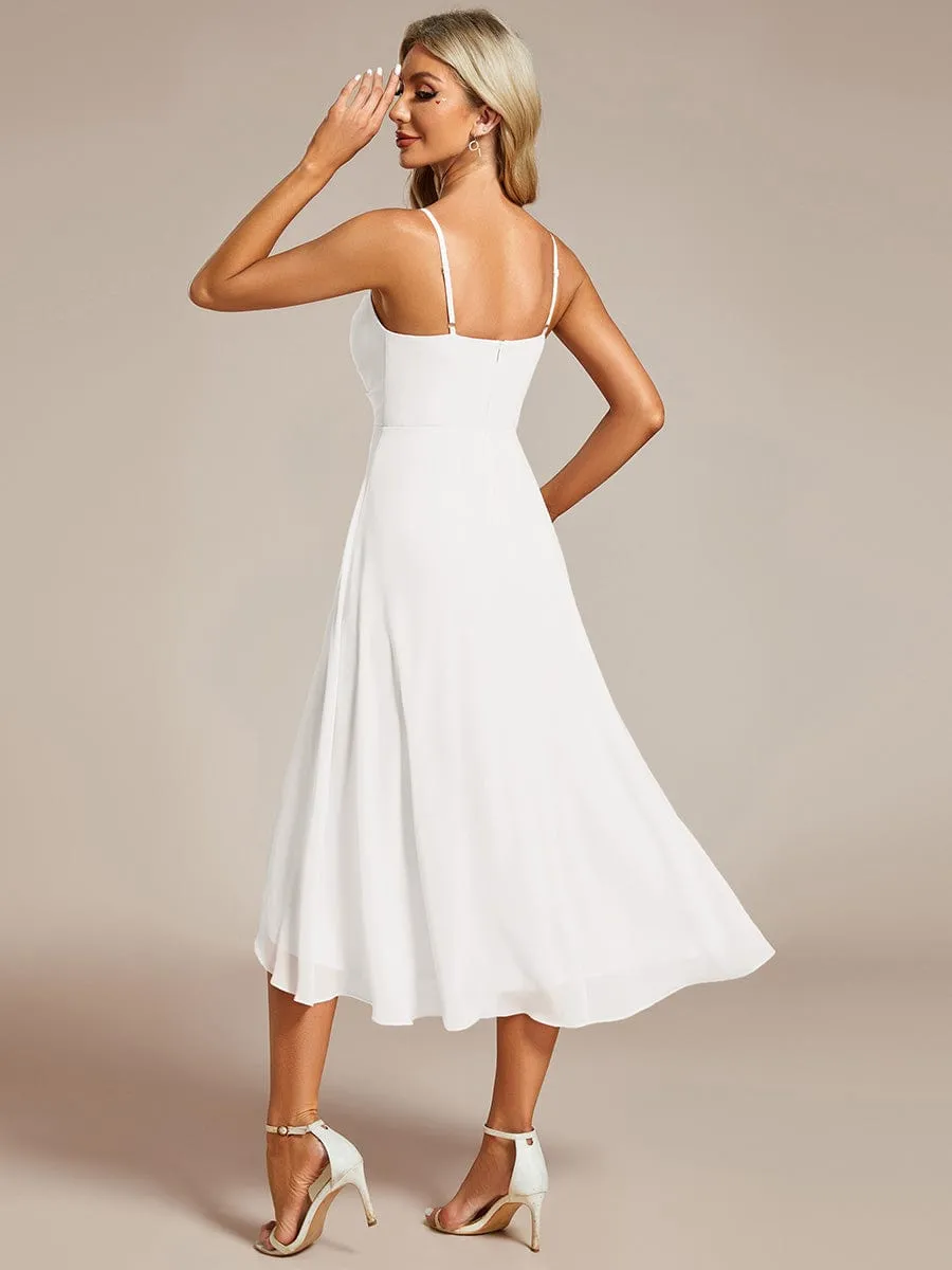 High-Low V-Neck Pleated Spaghetti Strap Wedding Guest Dress in Chiffon