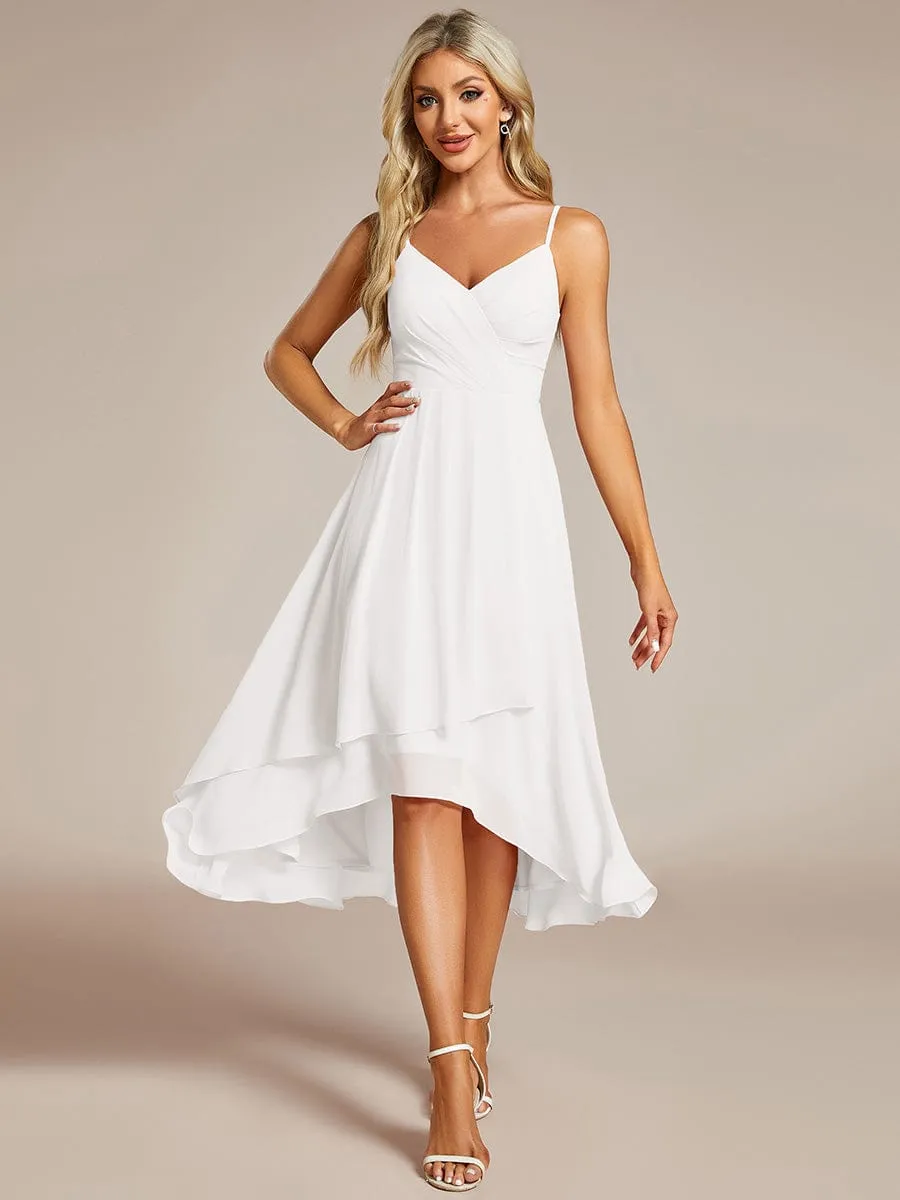 High-Low V-Neck Pleated Spaghetti Strap Wedding Guest Dress in Chiffon