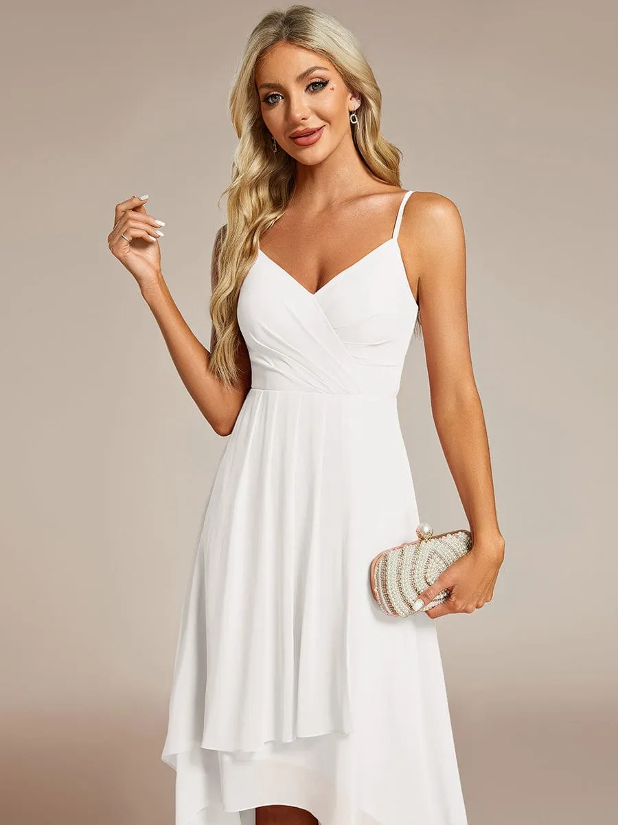 High-Low V-Neck Pleated Spaghetti Strap Wedding Guest Dress in Chiffon