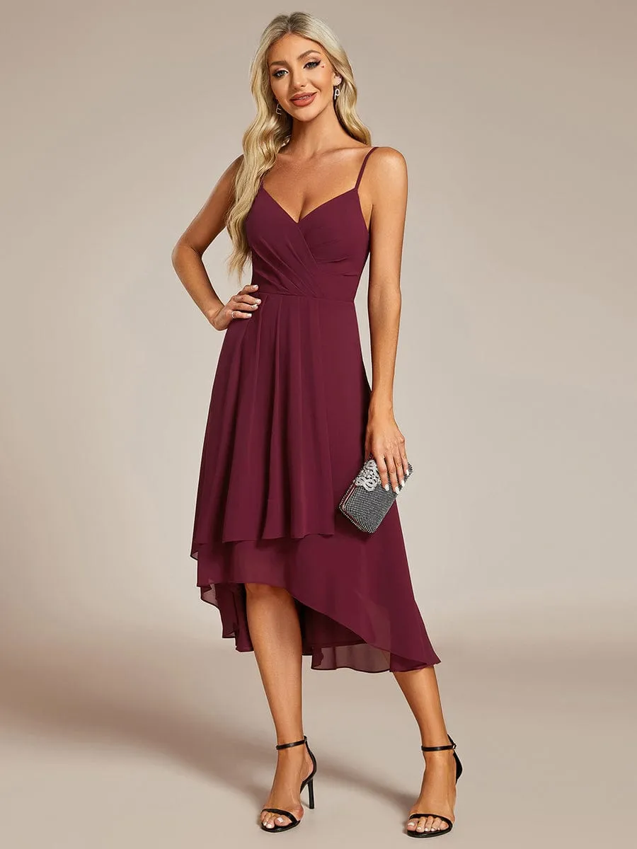 High-Low V-Neck Pleated Spaghetti Strap Wedding Guest Dress in Chiffon