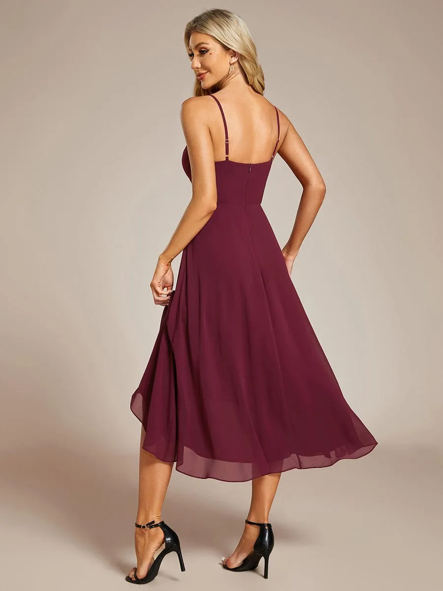 High-Low V-Neck Pleated Spaghetti Strap Wedding Guest Dress in Chiffon