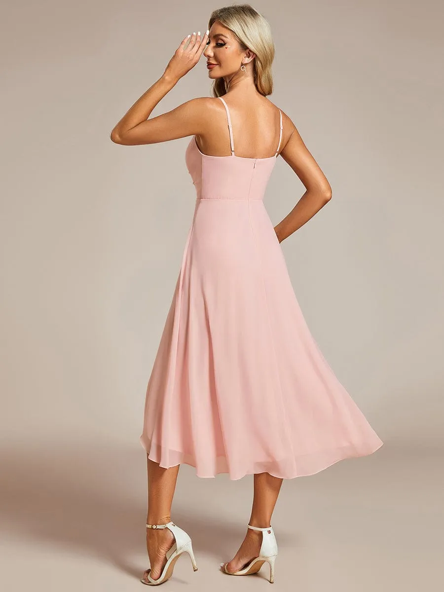 High-Low V-Neck Pleated Spaghetti Strap Wedding Guest Dress in Chiffon