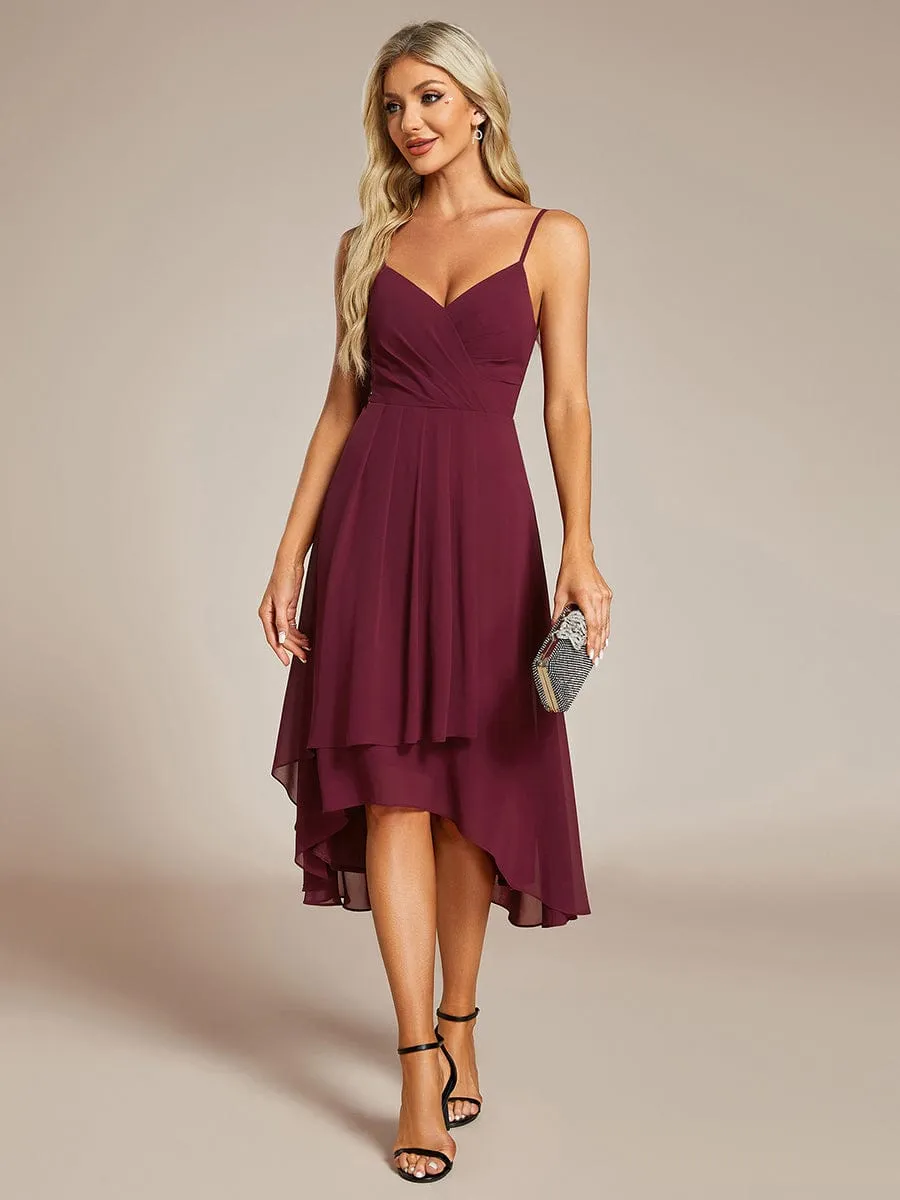 High-Low V-Neck Pleated Spaghetti Strap Wedding Guest Dress in Chiffon