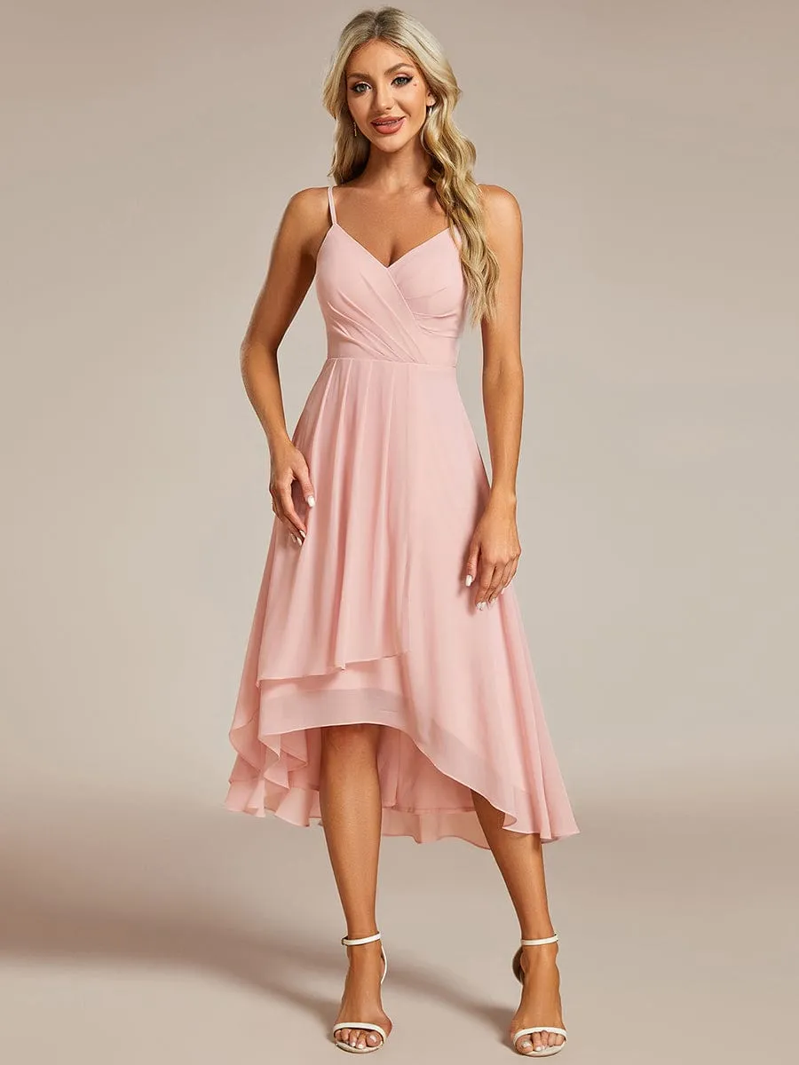 High-Low V-Neck Pleated Spaghetti Strap Wedding Guest Dress in Chiffon