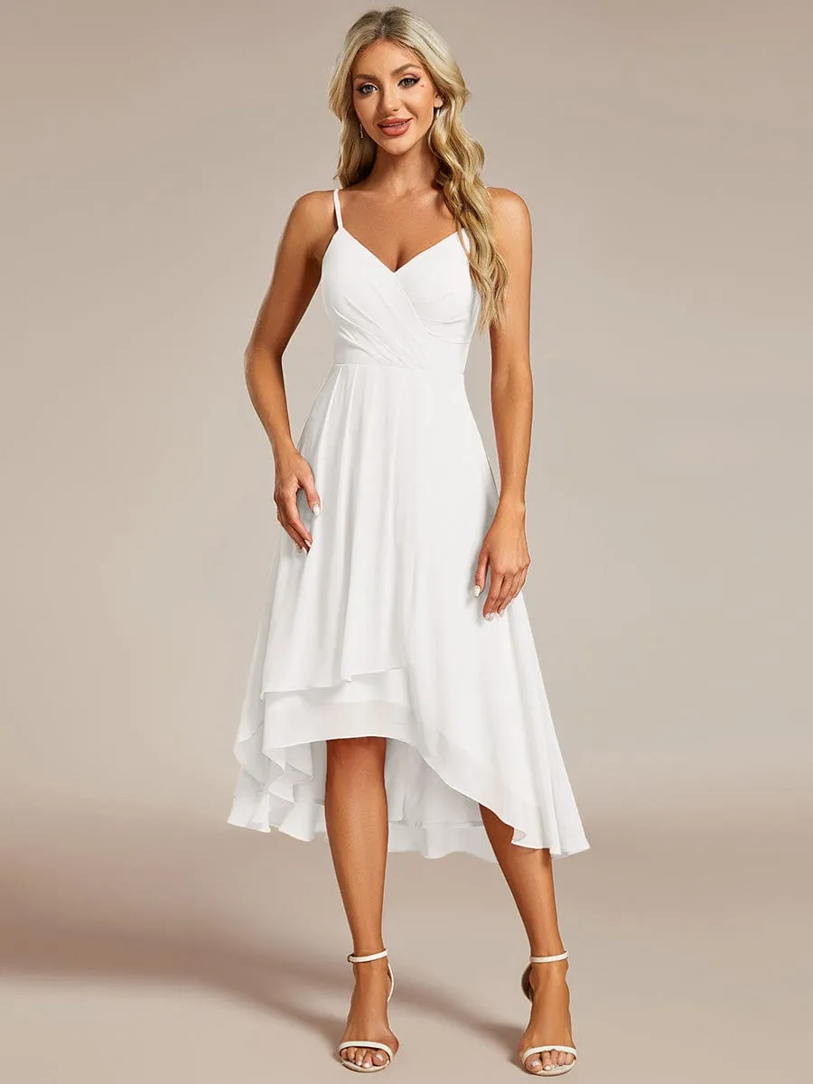 High-Low V-Neck Pleated Spaghetti Strap Wedding Guest Dress in Chiffon