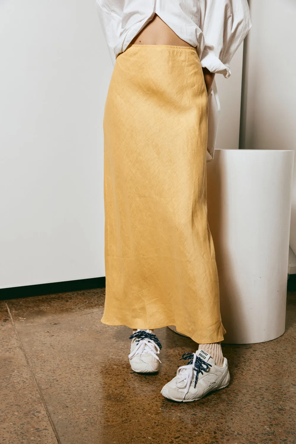 Italian Streets Linen Bias Cut Maxi Skirt Yellow