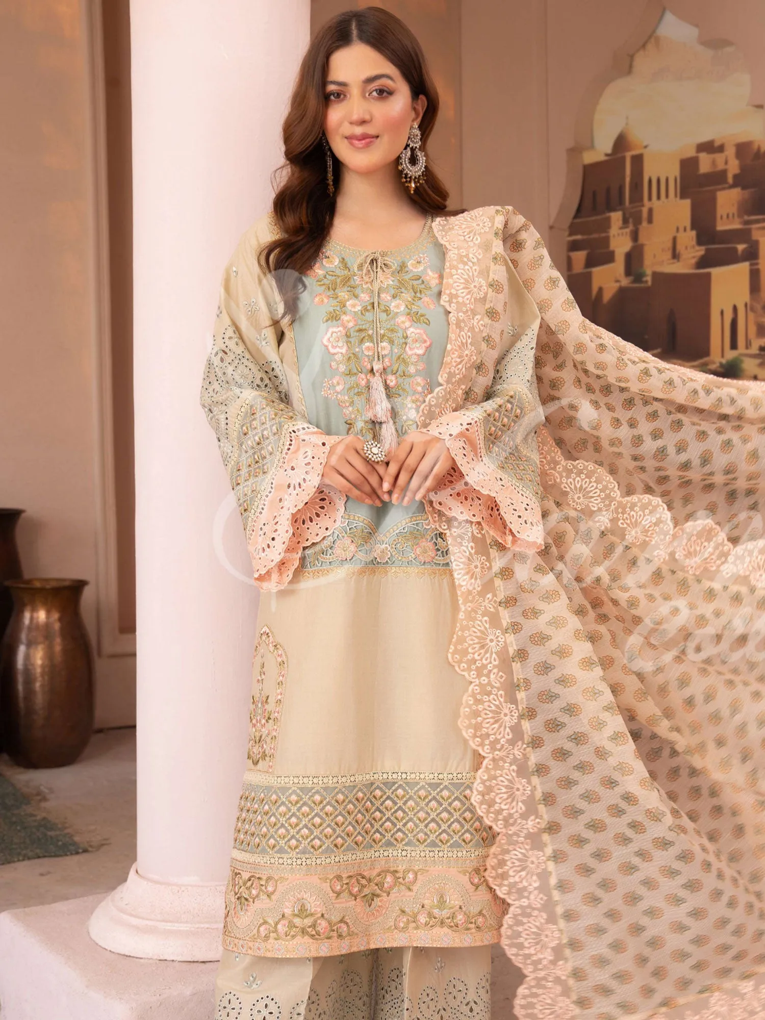 Karma Collection "Naqsh" Beige Cotton Embroidered Suit (KC1355)