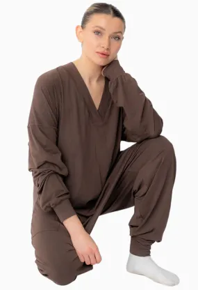 LONG SLEEVE BAMBOO ROMPER - COFFEE