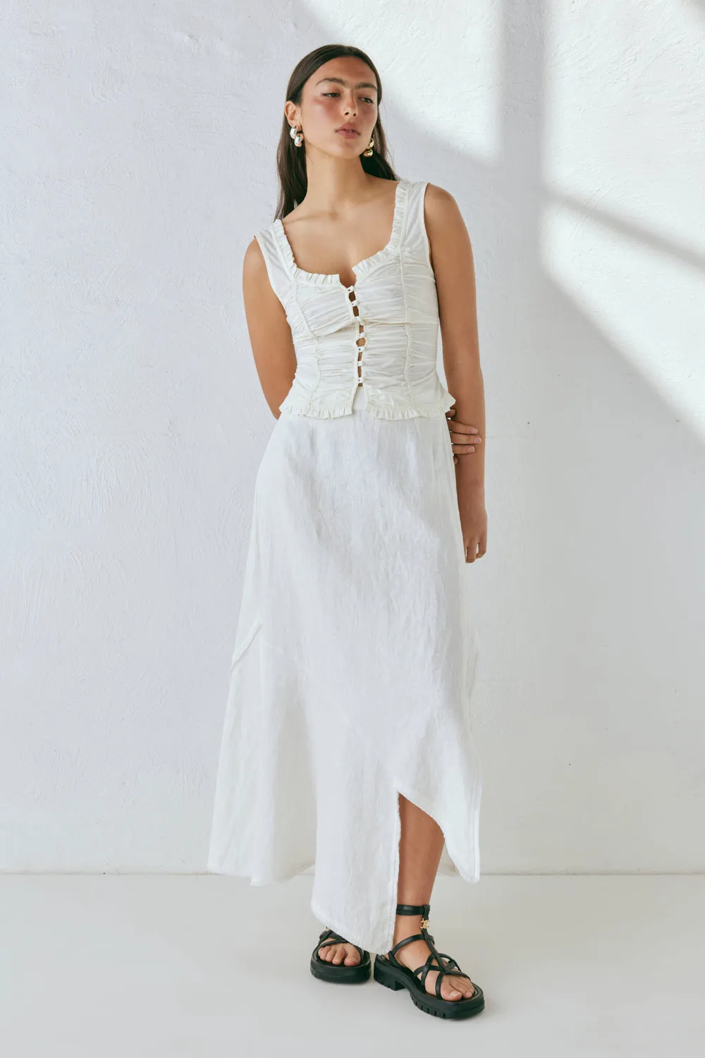 Mabel Linen Midi Skirt White