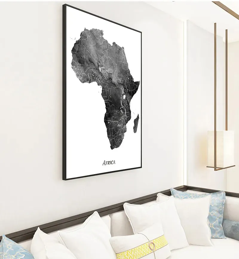 Map Of Africa Poster Black & White Wall Art Fine Art Canvas Print African Continent Travel Map Art For Home Office Wall Decor