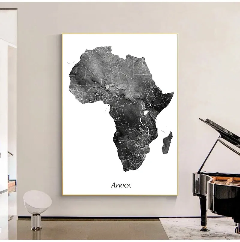 Map Of Africa Poster Black & White Wall Art Fine Art Canvas Print African Continent Travel Map Art For Home Office Wall Decor