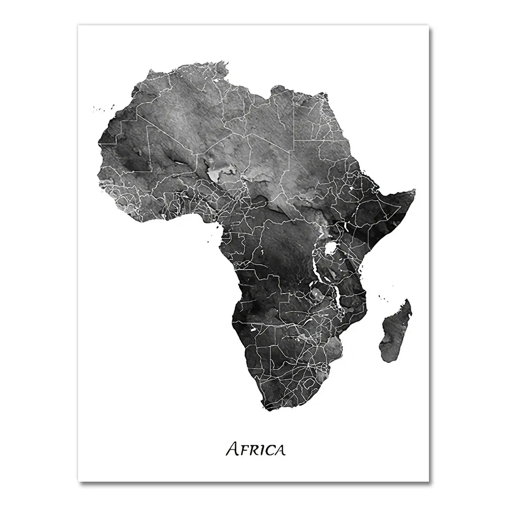 Map Of Africa Poster Black & White Wall Art Fine Art Canvas Print African Continent Travel Map Art For Home Office Wall Decor