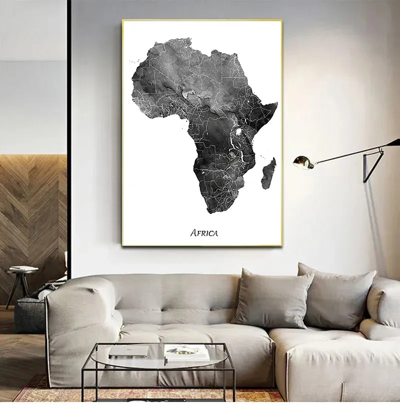 Map Of Africa Poster Black & White Wall Art Fine Art Canvas Print African Continent Travel Map Art For Home Office Wall Decor