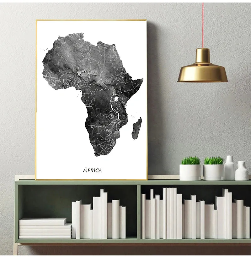 Map Of Africa Poster Black & White Wall Art Fine Art Canvas Print African Continent Travel Map Art For Home Office Wall Decor