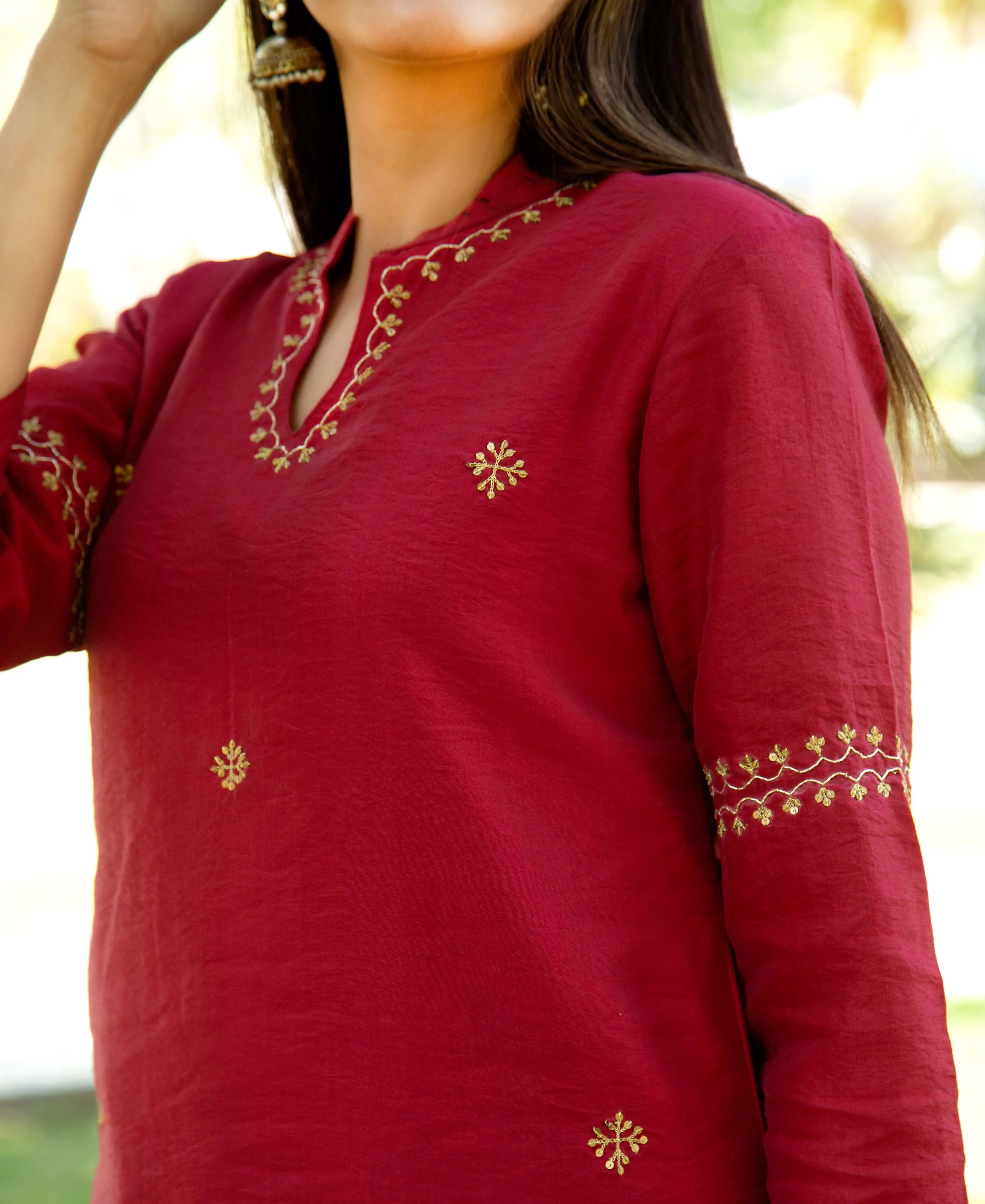 Maroon Embroidered Chanderi Kurta