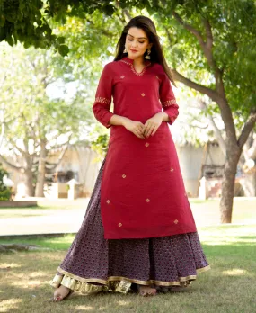 Maroon Embroidered Chanderi Kurta