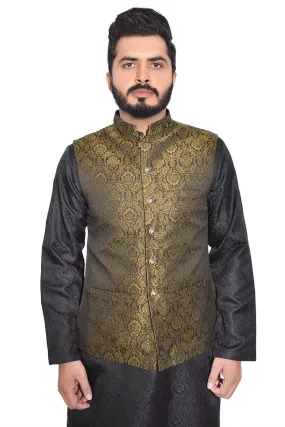 Men Premium Jamawar Waistcoat Golden