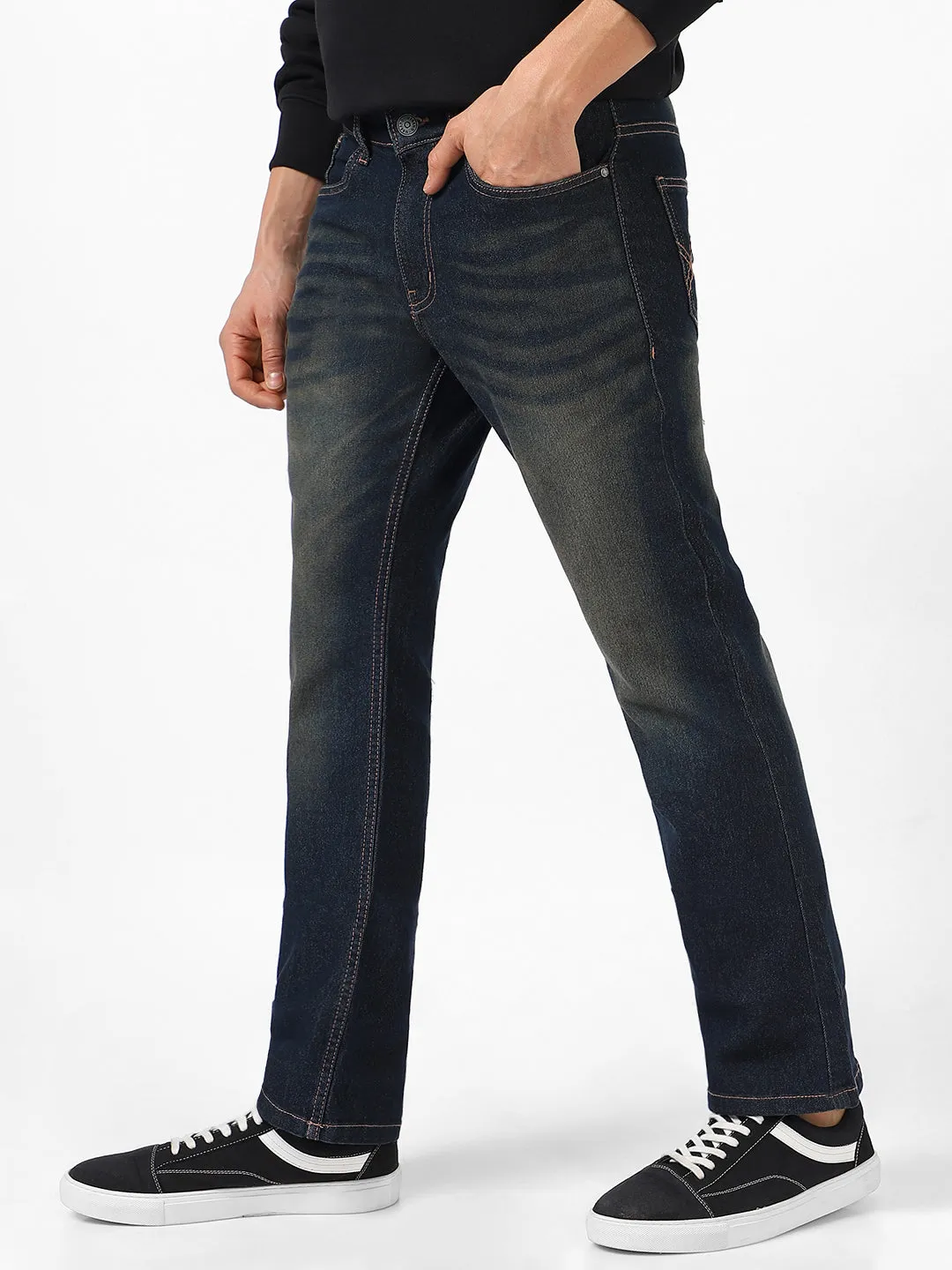 Men's Dark Blue Washed Bootcut Jeans Stretchable