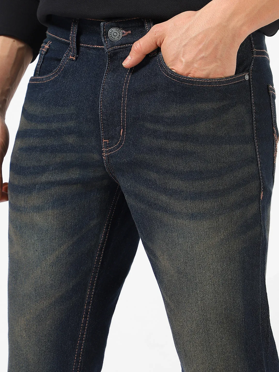 Men's Dark Blue Washed Bootcut Jeans Stretchable