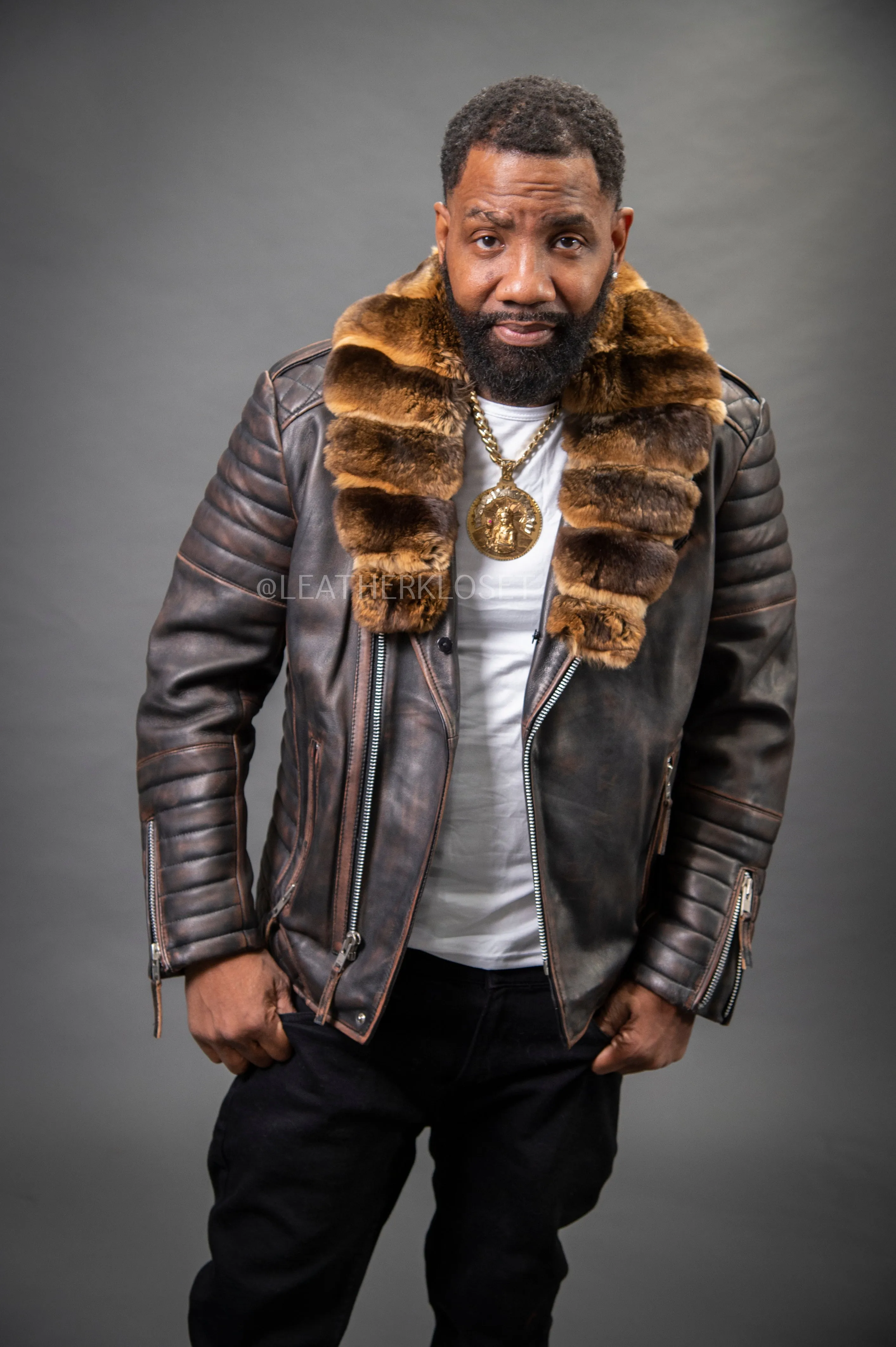 Mens Jay Biker Jacket with Real Copper Brown Chinchilla Fur Collar