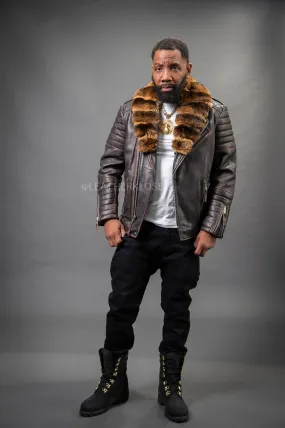 Mens Jay Biker Jacket with Real Copper Brown Chinchilla Fur Collar