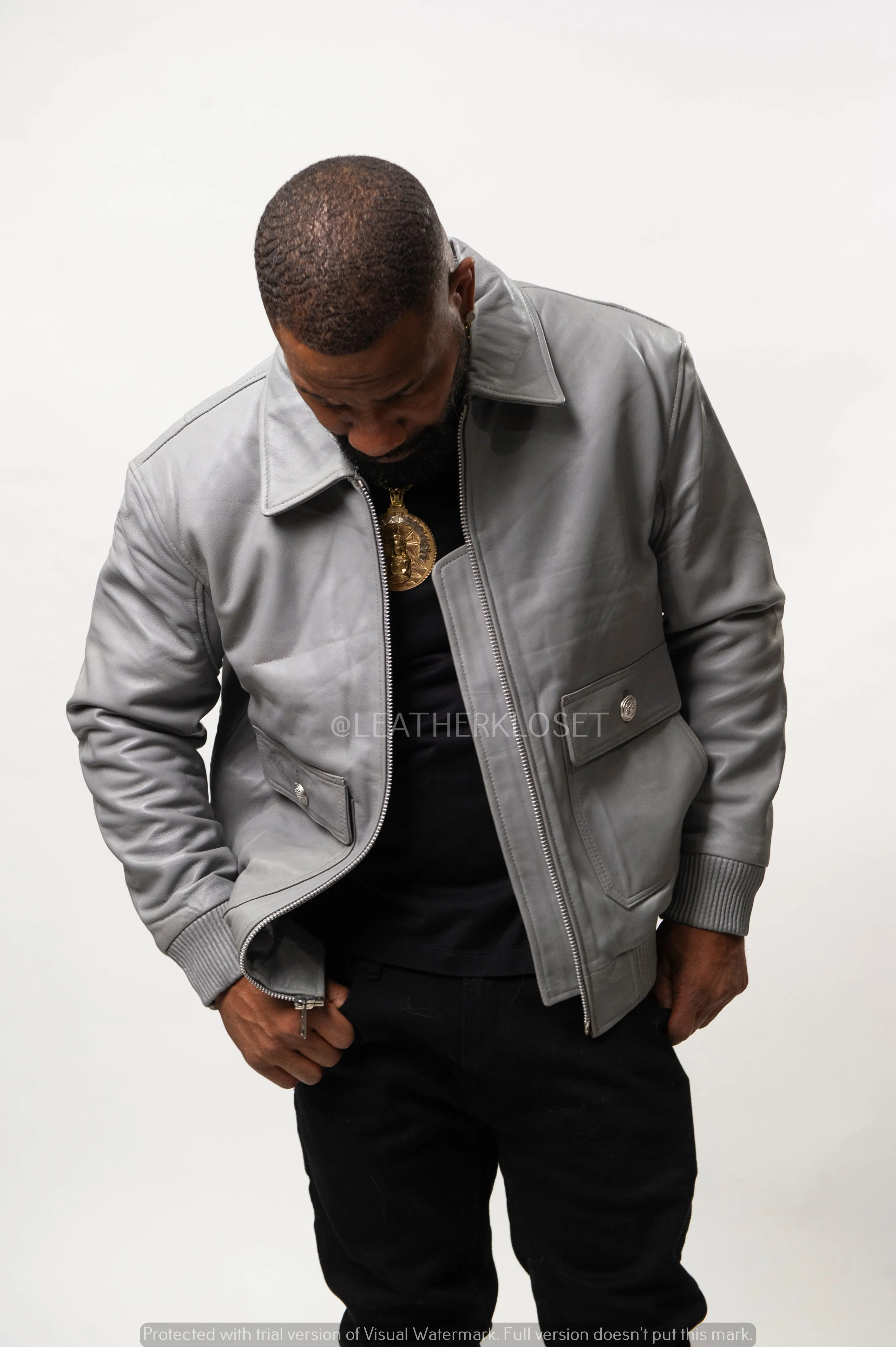 Men's Leather Pilot Aviator Bomber Jacket [Gray]