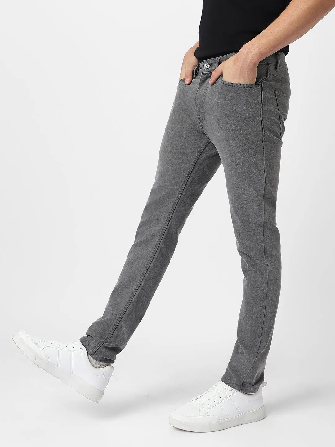 Men's Light Grey Regular Fit Washed Jeans Stretchable