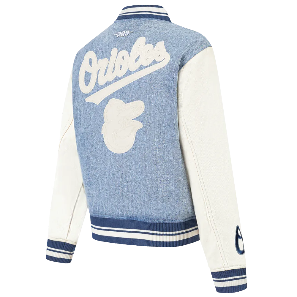 MLB BALTIMORE ORIOLES VARSITY BLUES WOMEN'S DENIM VARSITY JACKET (DENIM/LINEN)